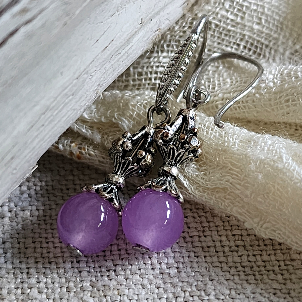 Purple Natural Lylac Jade Stone Drops Silver Plated Earrings